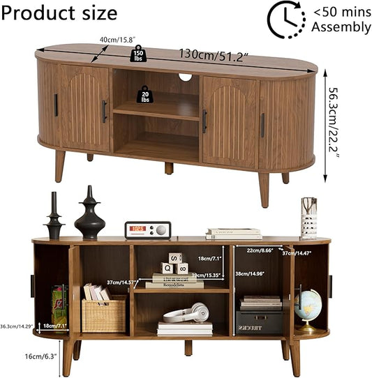 Mxtxmy 51" Fluted TV Stand, Mid-Century Modern Entertainment Center for Tvs up to 60" with Drawers and Fluted Doors, Curved TV Media Console Table with Sliding Doors for Living Room, Bedroom (51")