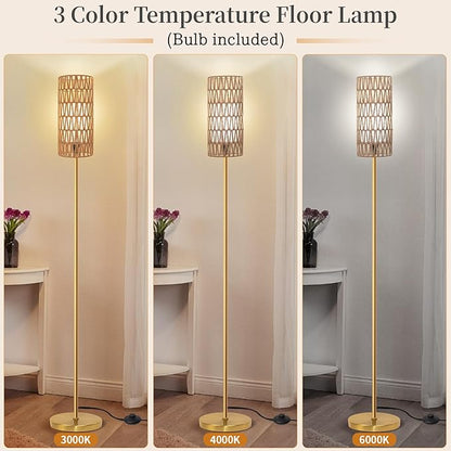 Ruiever Floor Lamp for Living Room,Farmhouse Floor lamp,Modern Standing lamp with Hand-Worked Rattan Shade (Round Rattan Shade Gold Color-3 Color Bulb)