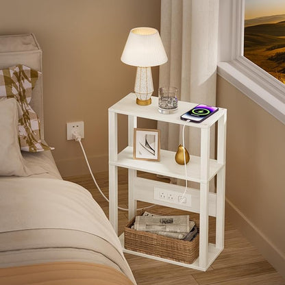 YUFAM 3 Tier Small Narrow Bamboo Side Table Set of 2 with Charging Station - Skinny Nightstand for Small Spaces, Slim Bedside Table with USB Ports and Outlets - Thin End Table with Storage, Grey White