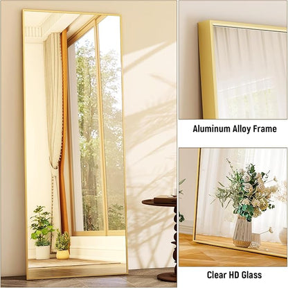 GLSLAND 64"x21" Full Length Mirror Big Standing Mirror Freestanding Hanging or Leaning Rectangle Floor Mirror Aluminum Alloy Thin Frame for Bedroom Living Room,Gold