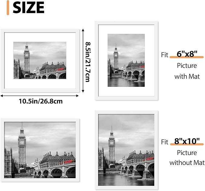 Fixwal 8x10 Picture Frame Set of 6 with Shatter Resistant Plastic Glass, Thin Border and Light Weight Photo Frames for Wall or Tabletop Display, Gift for Mother's Day, Father's Day, White