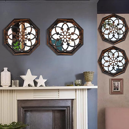 ZOLAPI 2-Piece Octagon Wall-Mounted Mirrors,Vintage Farmhouse Mirror for Wall Decor,Caramel Color Decorative Accent Mirror for Foyer, Bathroom, Bedroom. (12”x12”)