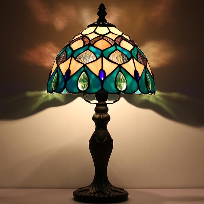 Tiffany Style Lamp Stained Glass Table Lamp 8" x 14.5" Mini Accent Light Blue Phoenix Tail Design Small Decorative Bedside Memory Lamp