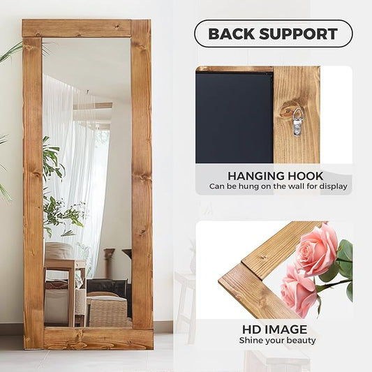 Full Length Mirror 65"x24" – Solid Wood Frame, HD Tempered Glass, Wall Mounted & Leaning, Rustic Modern Decor for Bedroom, Living Room, Entryway, Light Brown