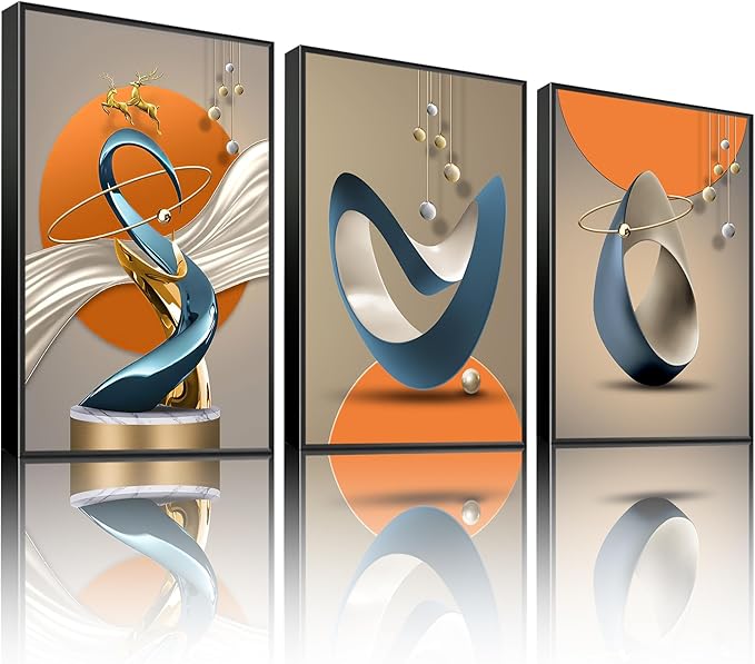 3 Pcs Modern Abstract Canvas Wall art Golden Deer Luxury Foil Lines Wall Decoration Pictures Paintings White Blue orange color Grey posters Prints for Living Room Bedroom Office Home Decoration