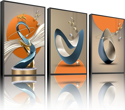 3 Pcs Modern Abstract Canvas Wall art Golden Deer Luxury Foil Lines Wall Decoration Pictures Paintings White Blue orange color Grey posters Prints for Living Room Bedroom Office Home Decoration