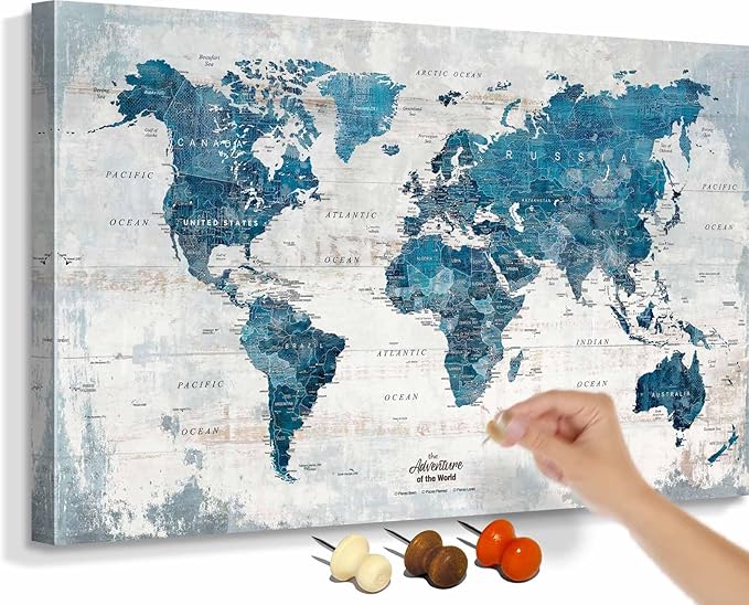Canvas Wall Art Office Artwork Large Modern Abstract Map of the World Push Pin Board Travel Map Blue Pictures for Living Room Bedroom Dining Room Motivational Home Decor