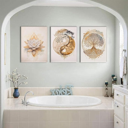 AOYUSMO 3 Piece 3 Piece Tree of Life Wall Art Zen Wall Decor Yoga Room Canvas Art Modern Gold Lotus Flower Pictures Spiritual Meditation Paintings Spa Artwork For Living Room Bathroom