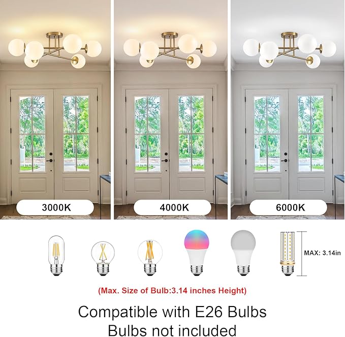 6-Light Glass Sputnik Chandeliers Gold Sputnik Ceiling Light Fixture with Milk White Glass Globe Flush Mount Ceiling Light Fixture for Dining Room Farmhouse Kitchen Living Room Bedroom