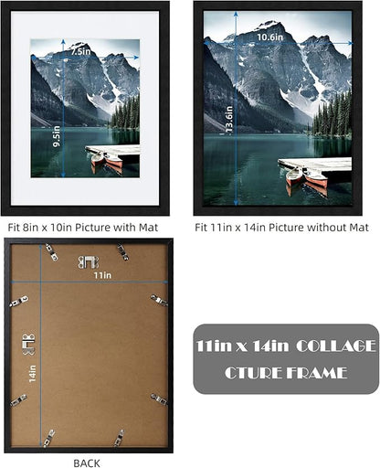 Hongkee 11x14 Picture Frames set of 3, Made of Glass and Black Wooden Photo frame - Displays 8x10 Picture with Mat or 11 x 14 Poster without Mat, Wall Collage Frame set
