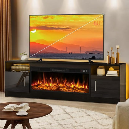 LEMBERI Fireplace tv Stand with 36 inch Fireplace Up to 80" TVs,LED Light Entertainment Center and Storage, 70" Modern Wood Media TV Console with Highlight Cabinet for Living Room (Black)