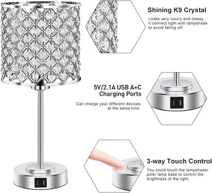 Crystal Table Bedside Lamp Touch Control, Dimmable Small Nightstand Lamp Set of 2 with USB-C+A Charging Ports, Decorative Silver Tabletop Lamp for Bedroom Living Room Guest Room, Bulbs Included