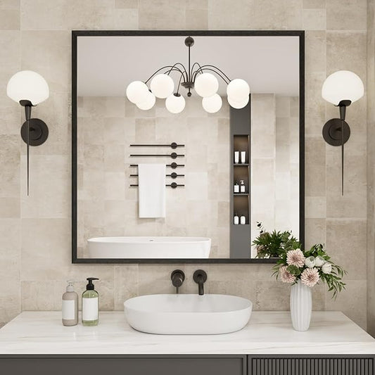 JISOSO Bathroom Vanity Mirror 36x36 Inch, Matte Black Rectangle Bathroom Mirror, Anti-Rust, 4MM Tempered Glass, Wall-Mounted Mirror, Hangs Horizontally or Vertically for Bathroom & Bedroom