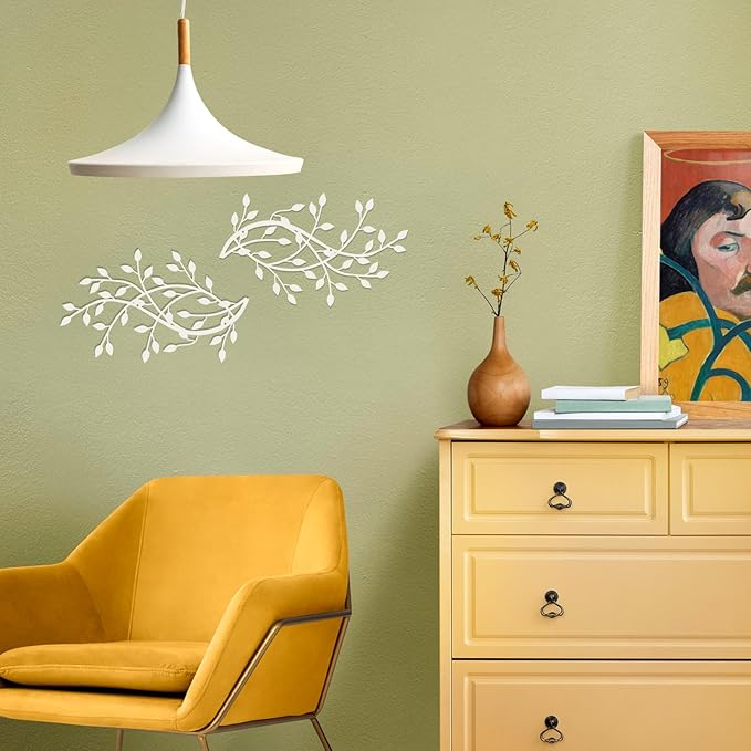 Meltset Metal Tree Leaf Wall Decor, Vine Olive Leaf Branch Wall Art,Wrought Iron Artwork, Decorative Wall Sculptures Above The Bed, Living Room, Indoor and Outdoor (S/White)