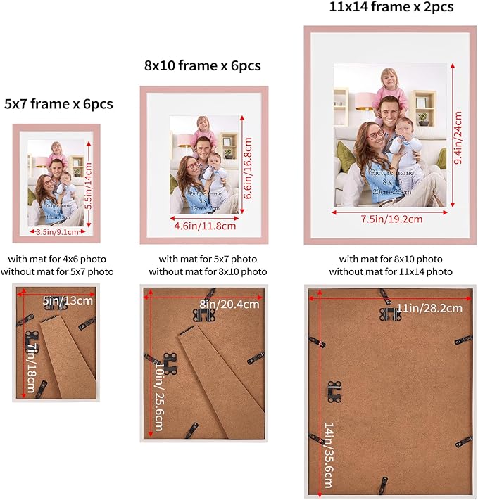 Giftgarden 14 Pack Pink Picture Frames Set, 2pcs 11x14 Matted for 8x10, 6pcs 8x10 Matted for 5x7, 6pcs 5x7 Matted for 4x6, Gallery Frame Collage for Wall or Tabletop Display