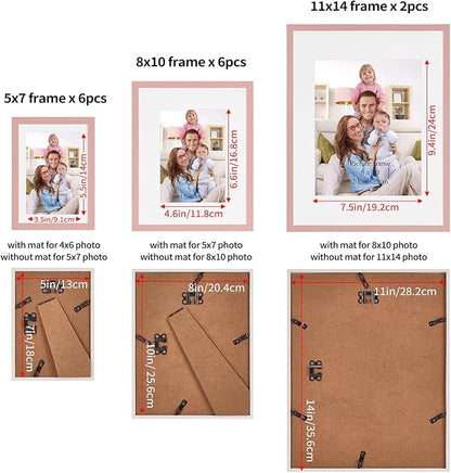 Giftgarden 14 Pack Pink Picture Frames Set, 2pcs 11x14 Matted for 8x10, 6pcs 8x10 Matted for 5x7, 6pcs 5x7 Matted for 4x6, Gallery Frame Collage for Wall or Tabletop Display