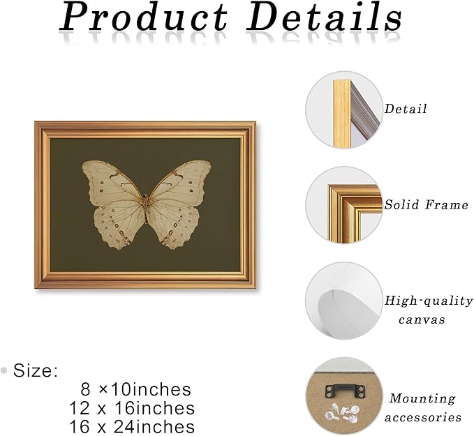 JLTULT Gold Frame White Butterfly Wall Art Print on Dark Green Background, Vintage Framed Wall Decor for Living Room, Bedroom, Office 8x10 Inch Fade-Resistant Print Easy to Hang