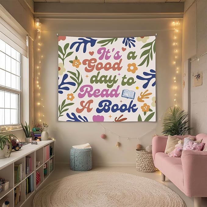 Soft Flannel Wall Tapestry - It's A Good Day to Read A Book - Boho Floral Tapestry Wall Hanging Decor for Bedroom,Living Room,Cozy Aesthetic Home Decoration,Unique Gift For Women 59x51Inch(Colorful-good day)