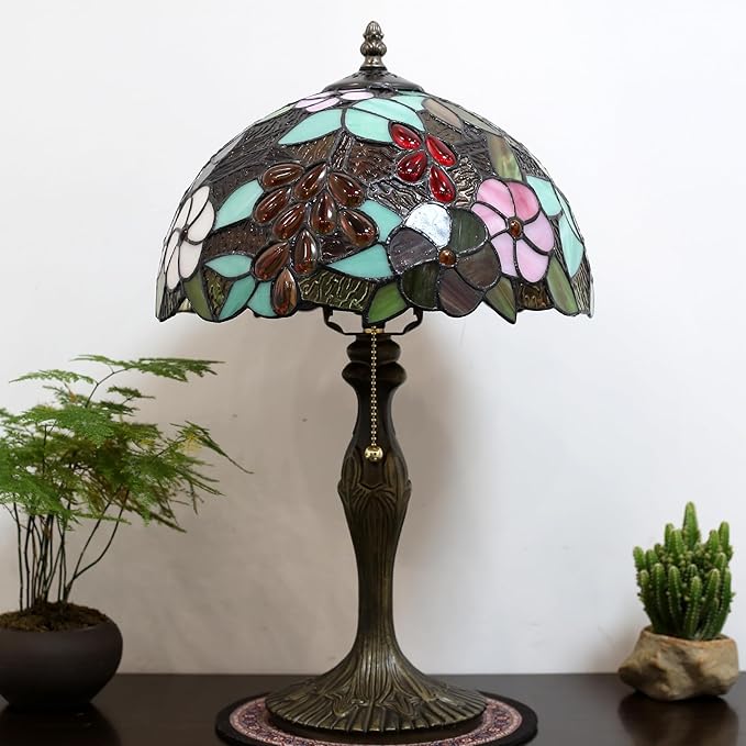 Tiffany Lamp Stained Glass Table Lamp 12 x 19” Grape Style Decorative Lamp Bedside Reading Light for Desk Living Room Bedroom Office Study Light Home Decor Gift
