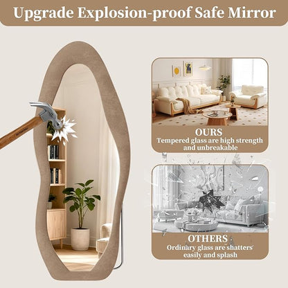 Full Length Mirror, 71"x30" Full Body Mirrors, Flannel Floor Mirrors with Stand, Irregular Wavy Mirror Hanging or Leaning Against Wall for Bedroom Living Room, Brown