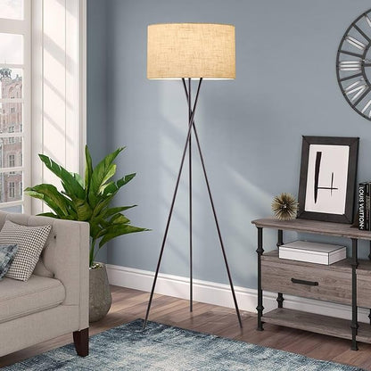 Kira Home Sadie 60" Modern Tripod Floor Lamp with Honey Beige Linen Drum Shade, Mid Century Cross-Leg Standing Light with 9W LED Bulb, Oil Rubbed Bronze Finish