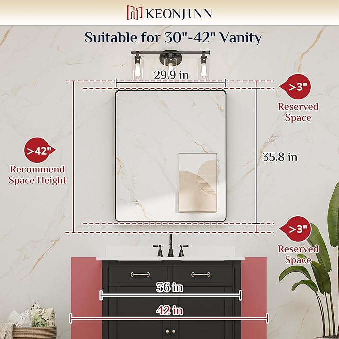 Keonjinn Black Bathroom Mirror, 30 x 36 Inch Rounded Rectangle Sandblasted Finish Bathroom Mirrors for Over Sink, Matte Black Farmhouse Mirror with Seamless Frame, HD Tempered Glass Vanity Mirror