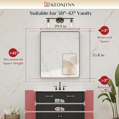 Keonjinn Black Bathroom Mirror, 30 x 36 Inch Rounded Rectangle Sandblasted Finish Bathroom Mirrors for Over Sink, Matte Black Farmhouse Mirror with Seamless Frame, HD Tempered Glass Vanity Mirror