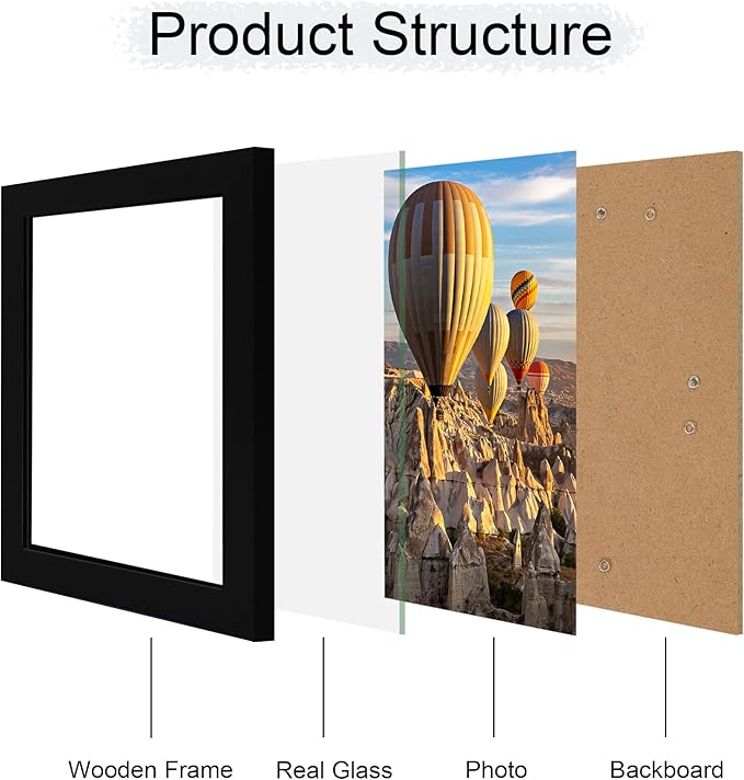 iRahmen 8.5x11 Picture Frame - High Definition Real Glass Wooden Photo Frames for Tabletop Display and Wall Mounting (Pure Black, Set of 2)