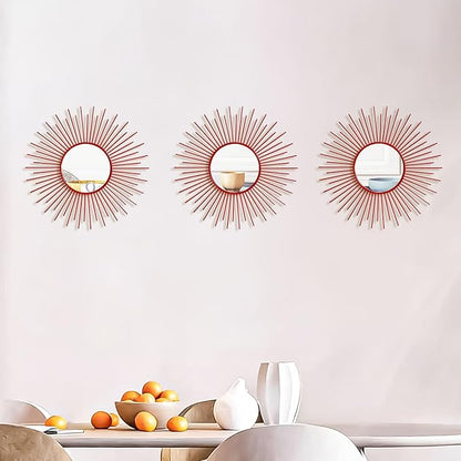 3 Pack Metal Mirrors for Wall Sunburst Wall Mirrors Home Décor Decorative Hanging Wall Art for Living Room Bedroom Entryway (Red, Sunburst)