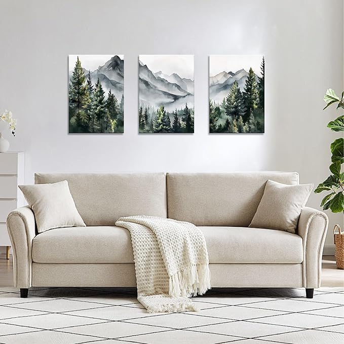 WANGTIAO 3 Panels Framed Canvas Wall Art for Living Room, Abstract Mountain Forest Views Ink Wall Decor for Dedroom Office Wall Paintings Green Landscape Art Prints Pictures Ready to Hang 16"x24"x3