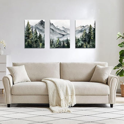 WANGTIAO 3 Panels Framed Canvas Wall Art for Living Room, Abstract Mountain Forest Views Ink Wall Decor for Dedroom Office Wall Paintings Green Landscape Art Prints Pictures Ready to Hang 16"x24"x3