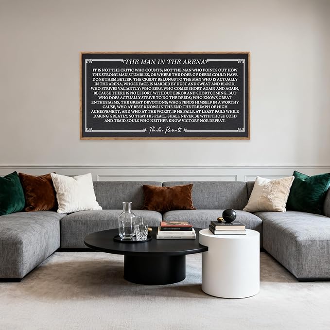 Aurlan The Man In The Arena Framed Canvas Wall Art(40"x20"), Rustic Motivational Inspirational Positive Gift for Teens, Large Theodore Roosevelt Speech Quotes Artwork Decor for Home Office Bedroom Dining Room