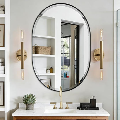 POZINO Oval Beveled Mirror, 24"x36" Bathroom Vanity Mirror Over Sink, Pill Shaped Capsule Wall Mounted Mirrors, Modern Oblong Mirrors for Living Room Bedroom Entryway, Hangs Vertically or Horizontally