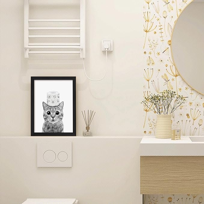 Toilet Paper Prints - Cute Cat Wall Art - Funny Black and White Decor, Canvas Wall Art for Bathroom