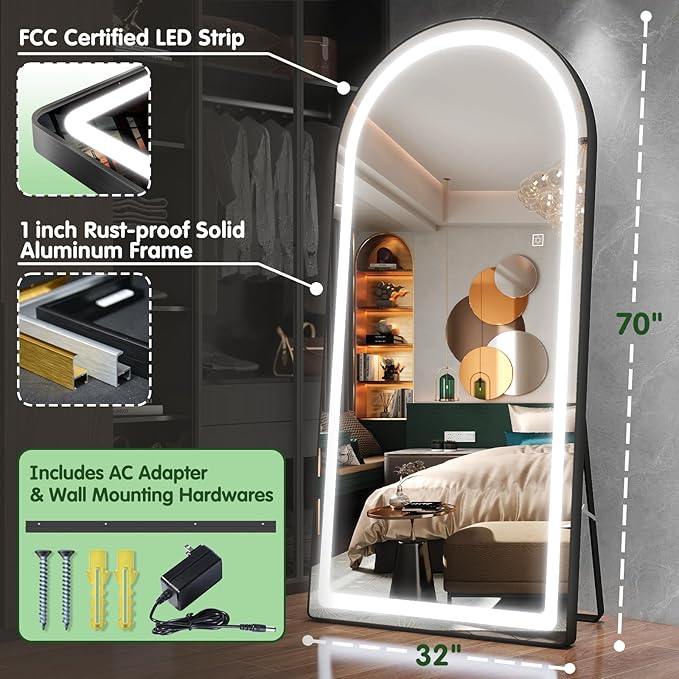 FENNIO Full Length Mirror with Lights, 70" x 32" LED Full Body Mirror, Free Standing Lighted Floor Mirror, Wall Mounted Hanging Mirror with Lights for Bedroom, Salon, Dimmable & 3 Color Lighting