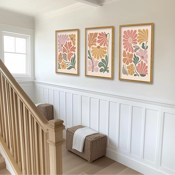 TBKHUDBI Framed Boho Flower Wall Art Abstract Floral Canvas Pictures Prints Set of 3 Minimalist Botanical Painting Poster Flower Market Aesthetic Wall Decor for Living room Bedroom 16"x24"