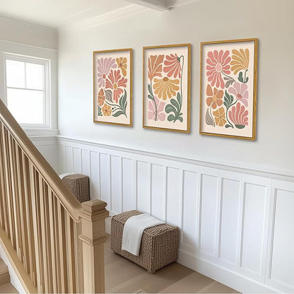 TBKHUDBI Framed Boho Flower Wall Art Abstract Floral Canvas Pictures Prints Set of 3 Minimalist Botanical Painting Poster Flower Market Aesthetic Wall Decor for Living room Bedroom 16"x24"