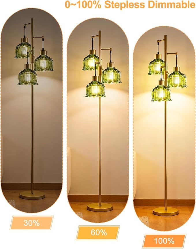 3-Light Modern Glass Floor Lamp, Gold Standing Tall Lamp with Green Vertical Rib Glass Shade for Reading, Dimmable LED Floor Lamp with 5Lbs Heavy Base for Living Room Bedroom Home Decor, Bulb Included