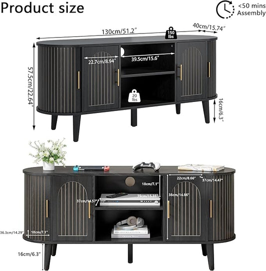 51" Fluted TV Stand, Mid-Century Modern Entertainment Center for Tvs up to 60" with Drawers and Fluted Doors, Curved TV Media Console Table with Sliding Doors for Living Room, Bedroom (51" Black)