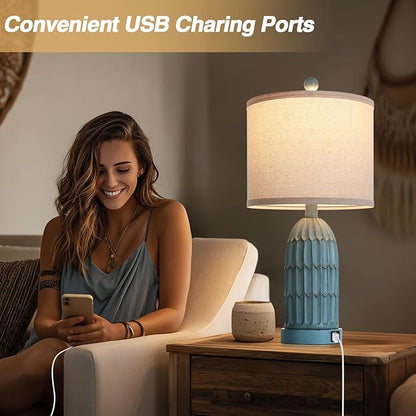 Cinkeda Coastal Table Bedside Lamps Set of 2, Farmhouse 3-Way Dimmable Touch Nightstand Lamp with 2 USB Charging Ports, Vintage Bedside Lamp for Bedroom Living Room End Table Retro Blue