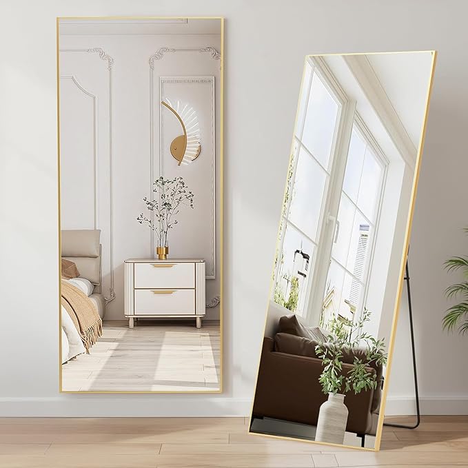 NEWBULIG Mirror Full Length, 64"x21" Body Wall Mirrors with Shatter-Proof Glass, Upgraded Floor Standing Mirror, Hanging or Leaning, with Stand Aluminum Alloy Frame for Home Decor, Bedroom, Gold