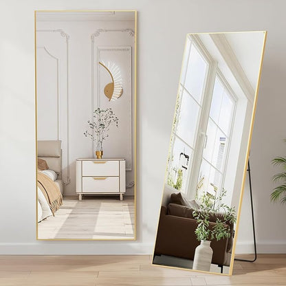 NEWBULIG Mirror Full Length, 64"x21" Body Wall Mirrors with Shatter-Proof Glass, Upgraded Floor Standing Mirror, Hanging or Leaning, with Stand Aluminum Alloy Frame for Home Decor, Bedroom, Gold