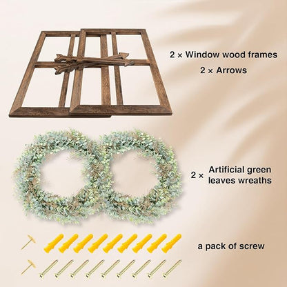 WAKOSAN Rustic Wood Window Frame with Green Wreath and Arrows Wall Decor, Farmhouse Wooden Fake Window Decoration for Bedroom Living Room,Set of 2 (Large Brown)