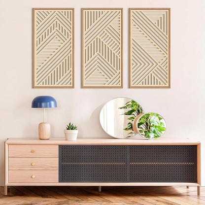 IARTTOP Large Boho Wooden Wall Art 16x32 Inch Framed Mid century Modern Wood Wall Decor Minimalist Modern Bohemian Decor for Dining Room Living Room Bedroom Set of 3