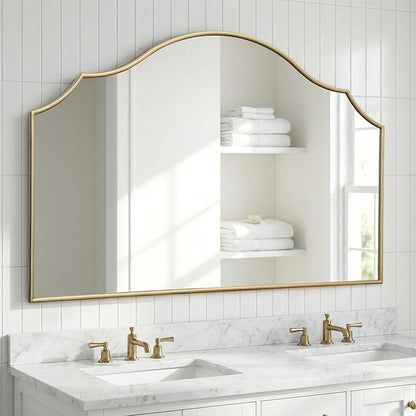 Besdomus Large Scalloped Gold Mirror: 47"x31" Modern Minimalist Wood Frame Wall Mirror - Decorative Vanity Arched for Bathroom/Dresser/Entryway/Fireplace/Living Room - Stylish Home Decor