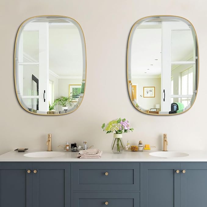 POZINO Bathroom Beveled Mirror, 24"x32" Brushed Gold Vanity Mirrors for Over Sink, Modern Rectangle Aesthetic Wall Mirror in Premium Stainless Steel Frame, Horizontal or Vertical Hanging