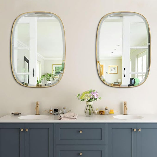 POZINO Bathroom Beveled Mirror, 24"x32" Brushed Gold Vanity Mirrors for Over Sink, Modern Rectangle Aesthetic Wall Mirror in Premium Stainless Steel Frame, Horizontal or Vertical Hanging
