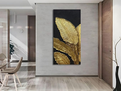 Slyart 100% Hand-Painted 3D Black and Gold Textured Wall Art, Modern Gold Banana Leaf Oil Paintings on Canvas Wall Decor
