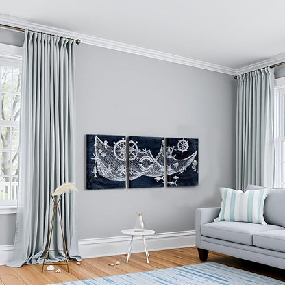 sechars Nautical Wall Art Decor Fishing Net with Seashells Ship Wheel Painting Pictures Navy Blue Bathroom Bedroom Lake House Decoration (Small)