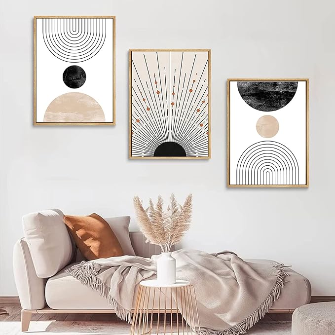 LOARTVE 3Pcs Beige Boho Wall Art Mid Century Modern Wall Decor Pictures Neutral Abstract Geometric Line Minimalist Canvas Posters Prints for Living Room Bedroom Office Home Decoration Unframed